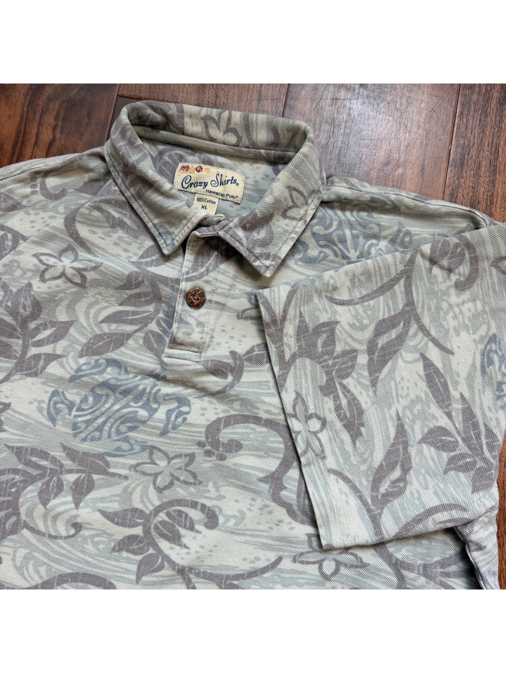 Vintage Crazy Shirts Hawaiian Polo Shirt XL Green Sea Turtle Floral Aloha Beach